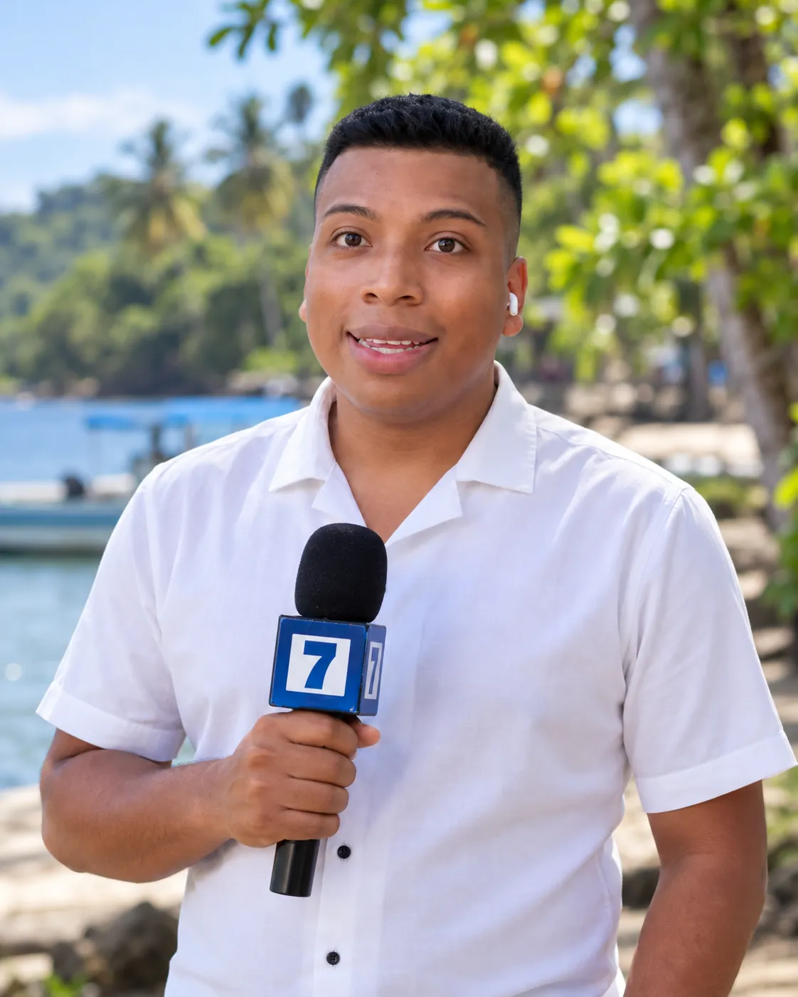 Retrato de Johan Domínguez con micrófono de Canal 7 en la costa del Caribe